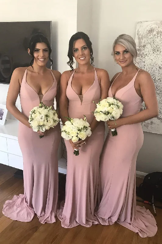 comfy dressElegant V Neck Pink Mermaid Long Bridesmaid Dress