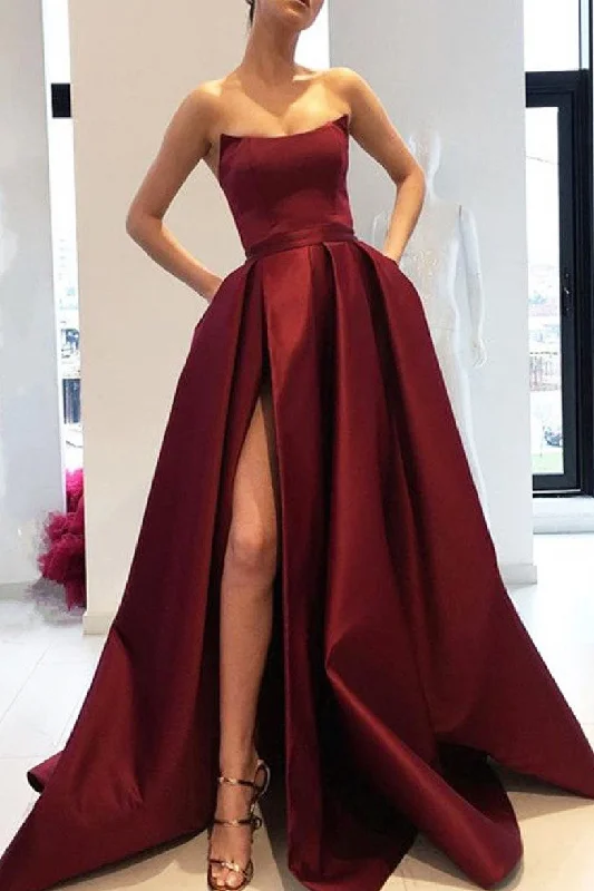 modern dressStrapless A-Line Burgundy Long Prom Dress with Slit