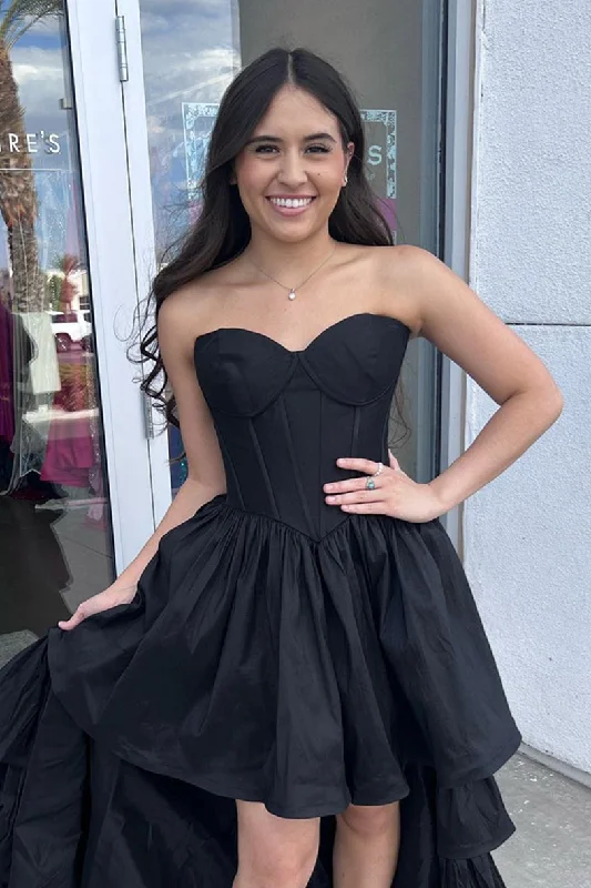 tiered dressBlack Strapless Hi-Low Multi-Layers Homecoming Dress