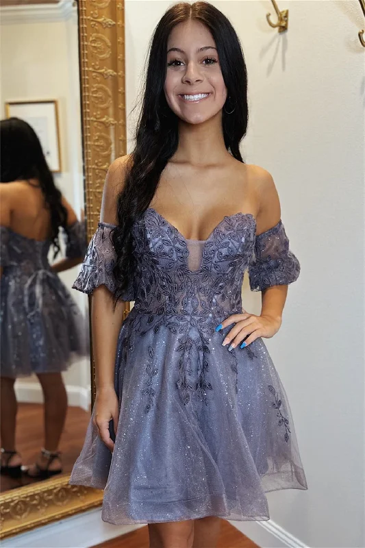 wrap dressPurple Grey Off-the-Shoulder Appliques A-line Lace-Up Homecoming Dress