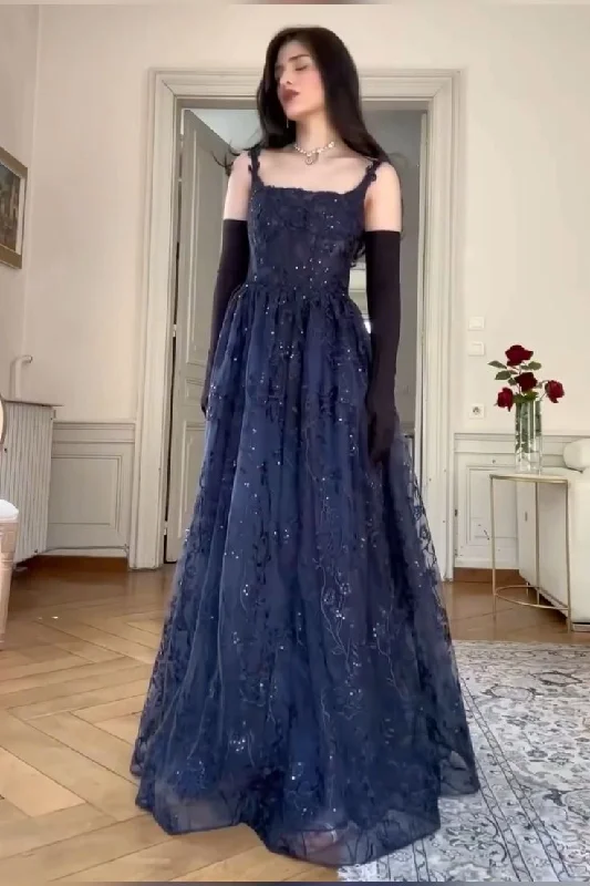 wrap-around dressNavy Blue A Line Lace Appliques Prom Dress Elegant   Evening Gown Y7830