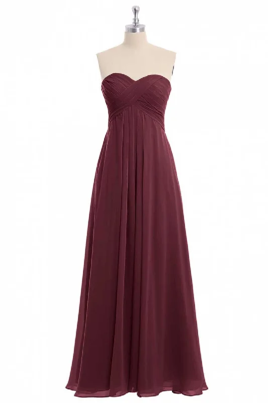 printed dressBurgundy Chiffon Strapless Sweetheart A-Line Long Bridesmaid Dress