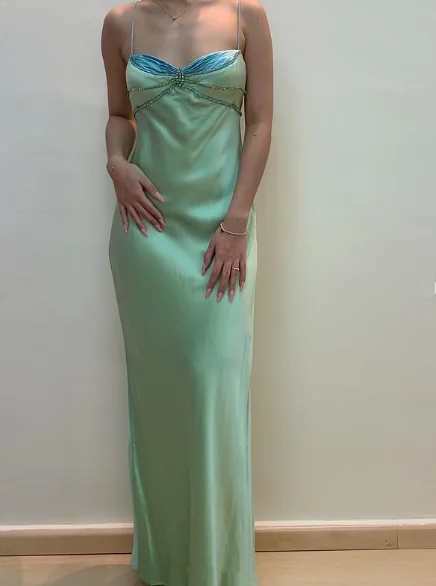 t-shirt dressSexy Spaghetti Straps Green Satin Beaded Prom Evening Dress Y7757