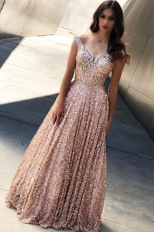 office dressSparkly Off Shoulder A-Line Rose Gold Sequin Long Prom Dress