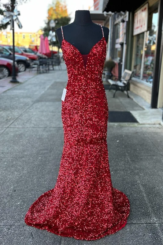 casual evening dressMermaid Red Sequin V-Neck Lace-Up Back Prom Dress