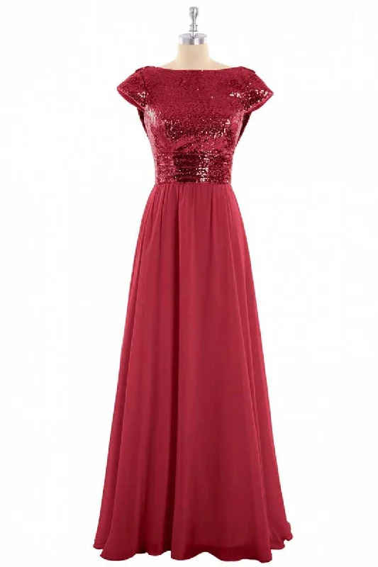 trendy bodycon dressBurgundy Sequin Cap Sleeve Backless A-Line Bridesmaid Dress