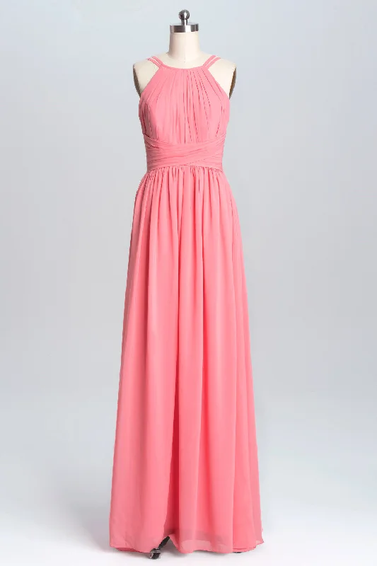 playful dressCoral Double Straps Pleated A-line Bridesmaid Dress