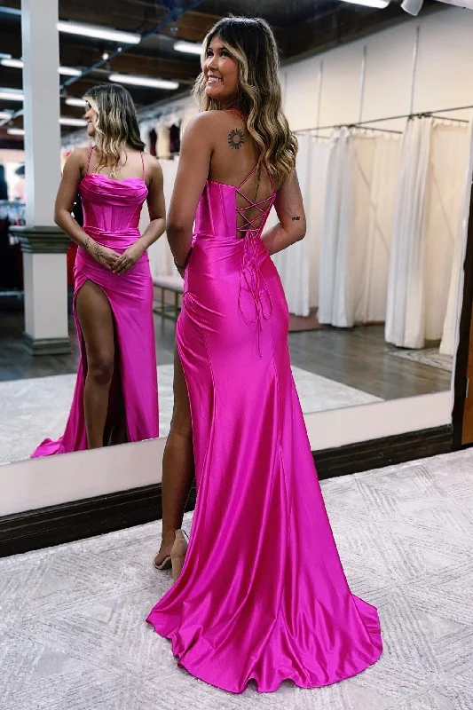 boho-chic dressElegant Hot Pink Mermaid Slit Long Formal Dress