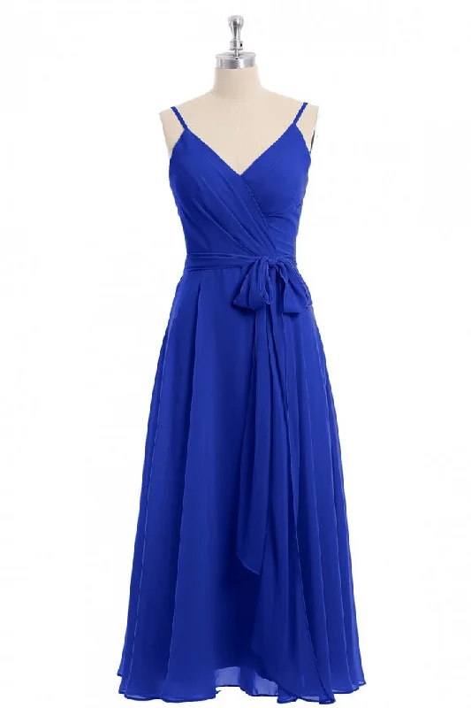 wool dressRoyal Blue V-Neck Spaghetti Straps Tea-Length Bridesmaid Dress