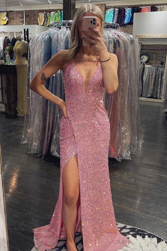 relaxed fit dressPink Iridescent Sequin Plunge Neck Lace-Up Long Prom Dress