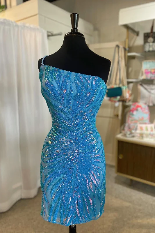 winter dressBlue One Shoulder Sequined Sheath Homecoming Dress