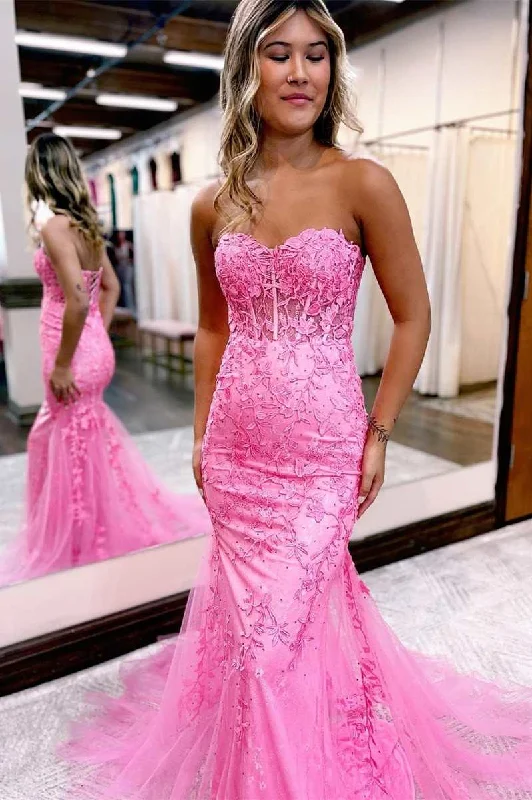 casual day dressHot Pink Appliques Sweetheart Trumpet Long Prom Gown