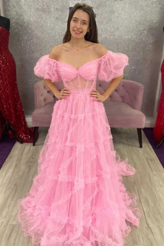 sleek dressPrincess Pink Off-the-Shoulder A-Line Prom Dress with Ruffles