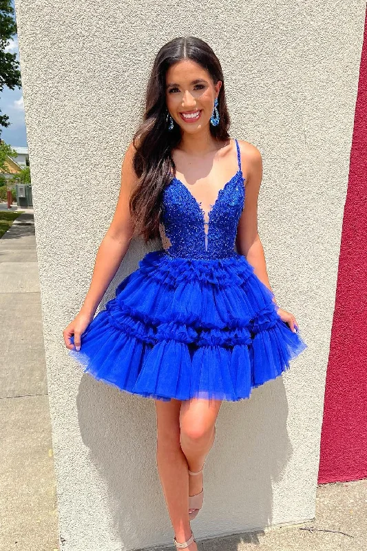 ashionable dressStraps Royal Blue Appliques Tiered Ruffle Short Party Dress