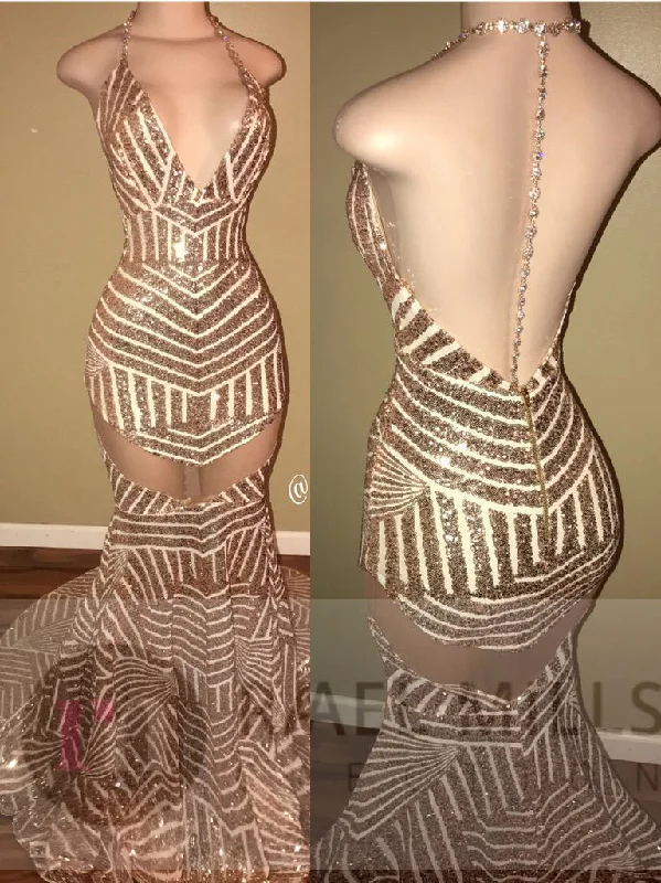 vintage-inspired dressSexy Mermaid Long Gold Sequins Prom Dress with Backless