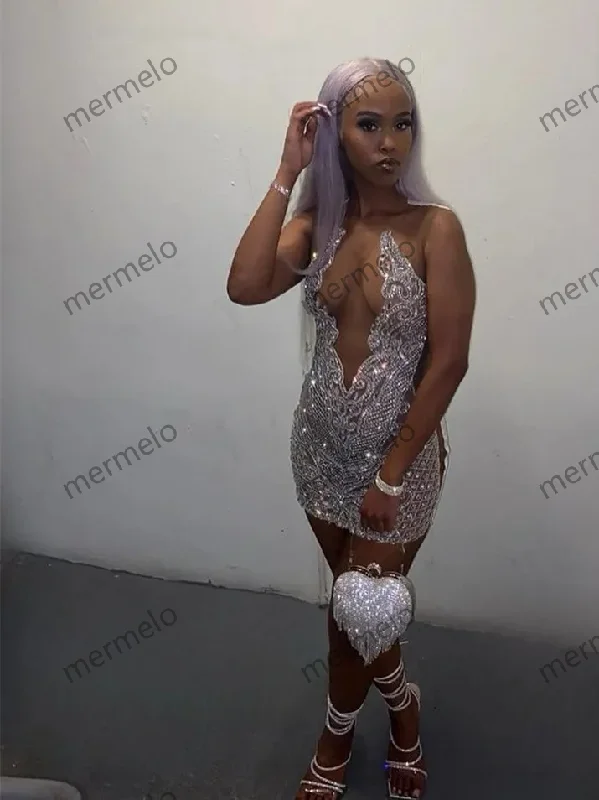 long sleeve dressSilver Short Prom Dresses For Black Girls Beaded Crystal Birthday Party Homecoming Dress