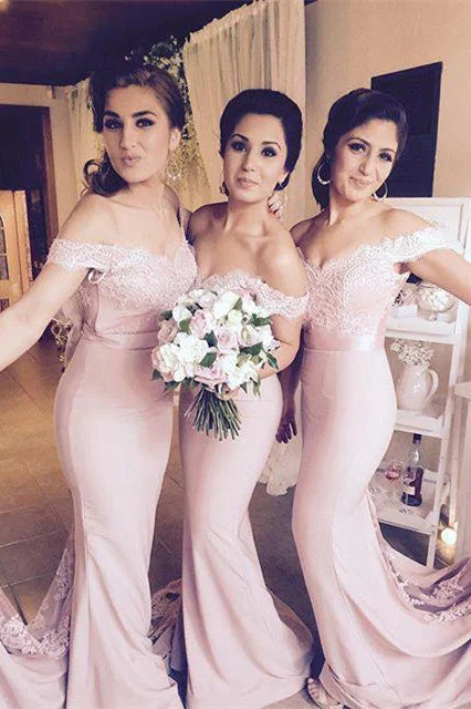 office dressMermaid Off Shoulder Pink Long Bridesmaid Dress with Lace Train