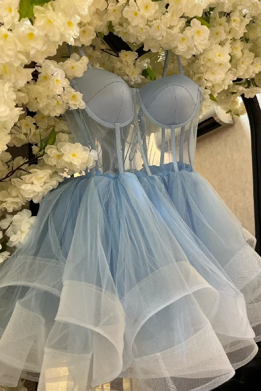 fitted bodycon dressLight Blue A-line Illusion Tulle Homecoming Dress