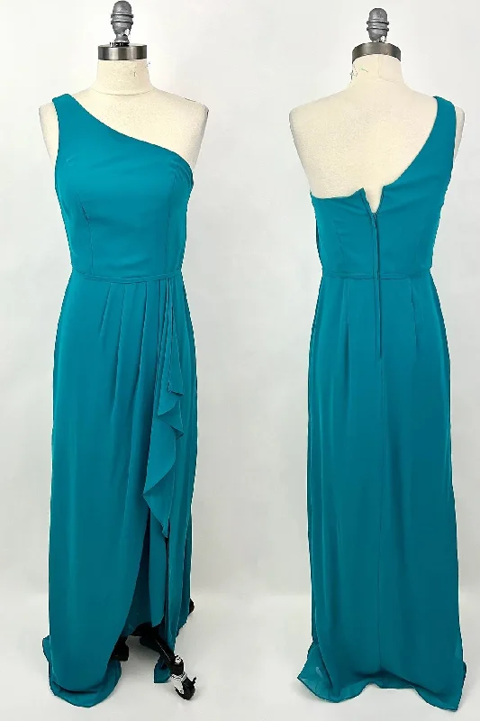 textured dressOne Shoulder Turquoise Ruffles Chiffon Long Bridesmaid Dress