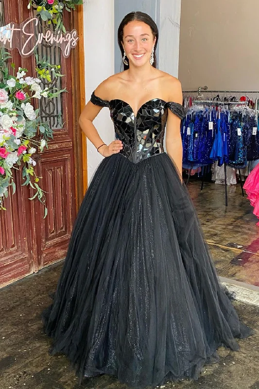 elegant evening dressBlack Mirror-Cut Sequins Top Off-the-Shoulder A-line Tulle Long Prom Dress