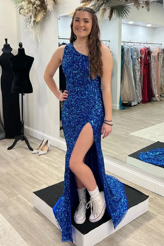 casual shift dressRoyal Blue Mermaid One Shoulder Lace-Up Back Sequins Long Prom Dress with Slit