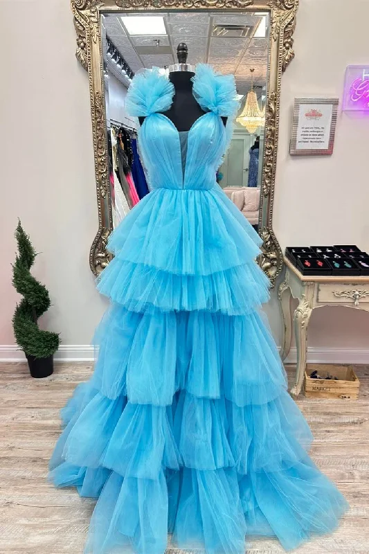 relaxed fit dressBlue Tulle Ruffles Multi-Layers Plunging V Neck Long Prom Dress