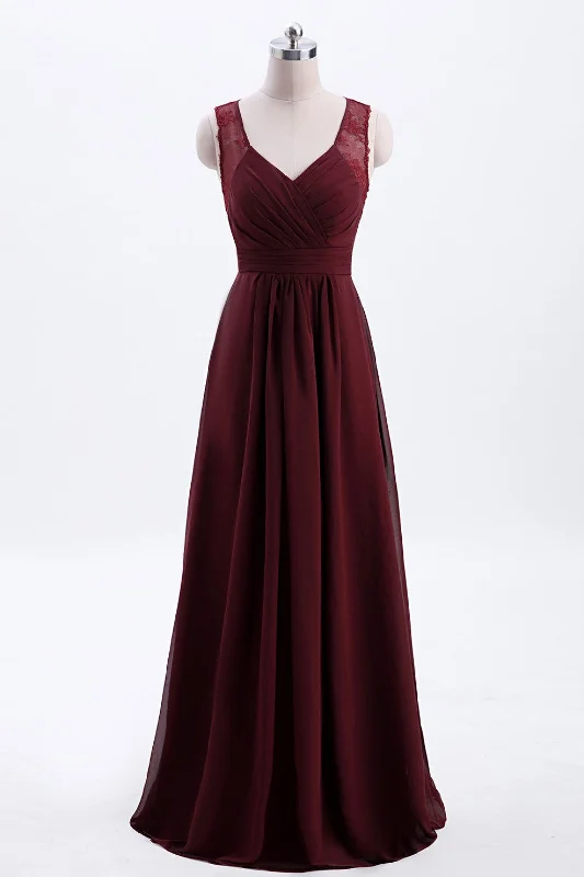 high-waisted dressBurgundy Chiffon A-line Pleated Long Bridesmaid Dress