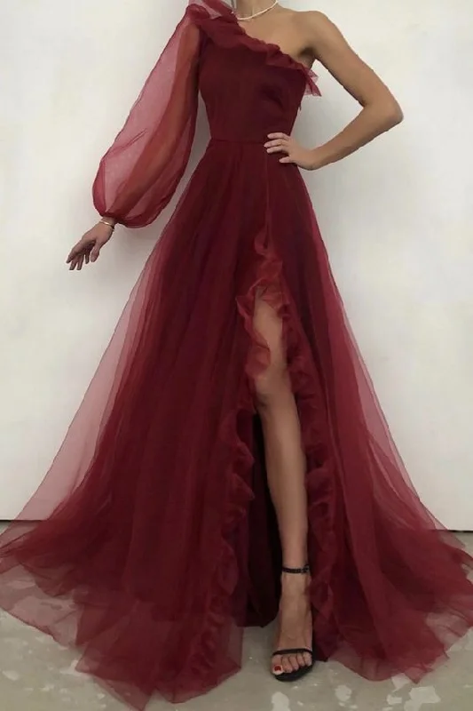 velvet dressBurgundy tulle prom dress one shoulder evening dress S19581