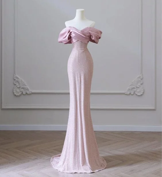 fitted cocktail dressFlesh Pink Sequin Evening Gown Elegant Women's Off Shoulder Party Prom Evening Dress  Y6963