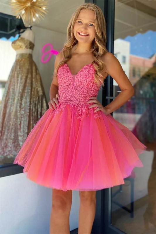 casual day dressHot Pink V Neck Straps Appliques Tulle Homecoming Dress