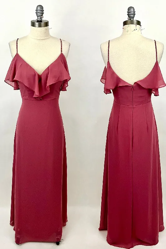 casual slip dressStraps Wine Red Chiffon Flounce Long Bridesmaid Dress