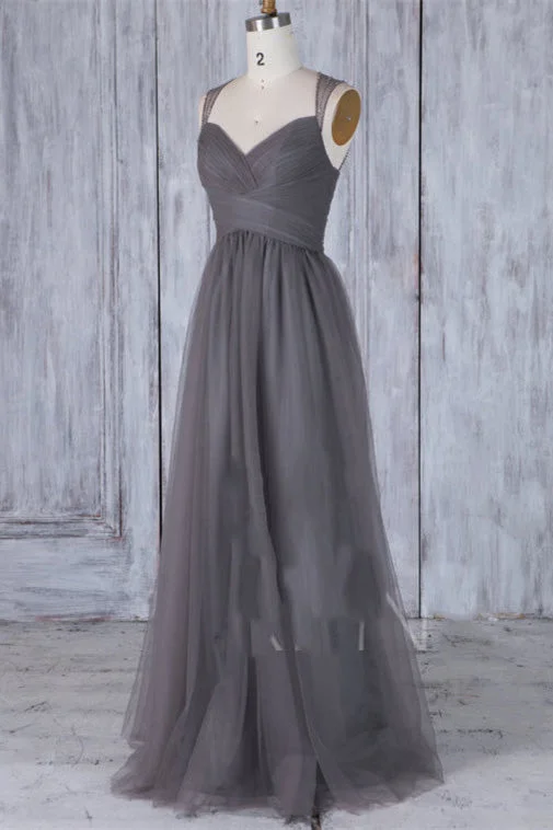 wrap dressElegant Grey Long Tulle Bridesmaid Dress with Keyhole Back