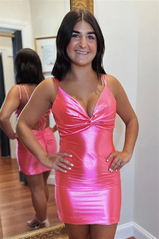 elegant shift dressHot Pink Satin Plunging V Neck Sheath Lace-Up Homecoming Dress