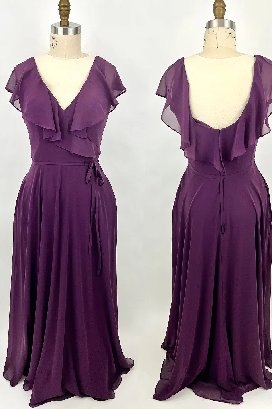 fitted cocktail dressRuffles Purple Chiffon A-line Long Bridesmaid Dress