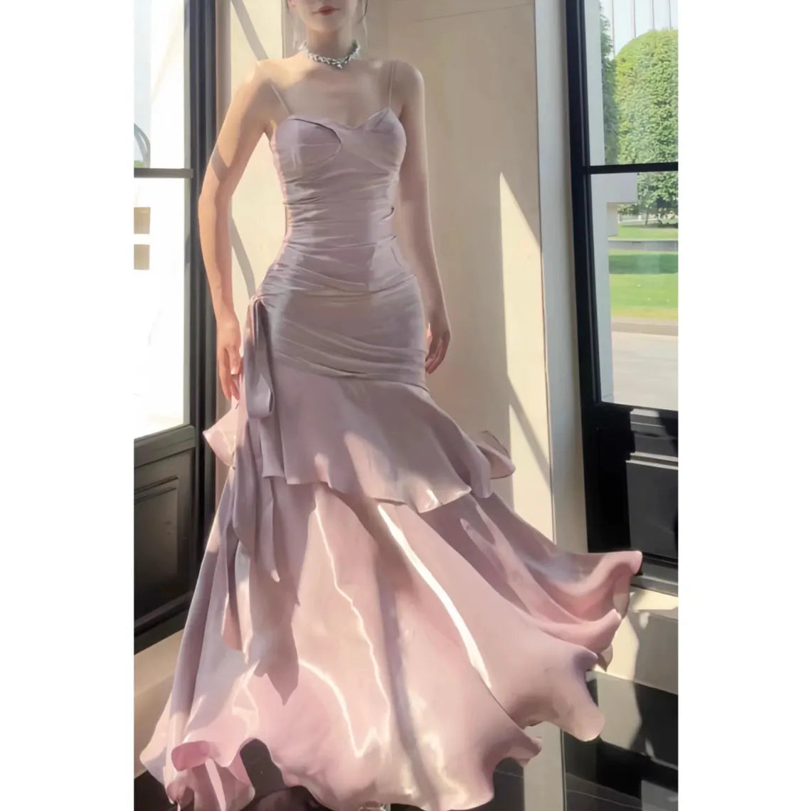 flowy maxi dressLuxury Pink Satin Ruffle Wedding Dress, Dusty Rose Mermaid Layered Hem Gown, High-End Birthday Party, Elegant Vintage Formal Evening Dress