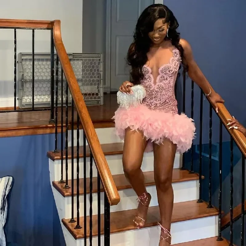 trendy dressPink Short Prom Dress For Black Girls 2024 Beaded Crystal Birthday Party Gowns Feathers Mini Cocktail Robe Aso Ebi Homecoming