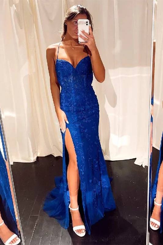 elegant dressRoyal Blue Lace Mermaid Long Formal Dress with Slit