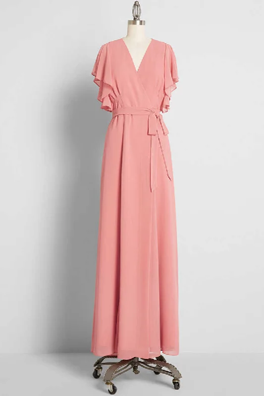 chic shift dressPeach Wrap Ruffled Long Bridesmaid Dress