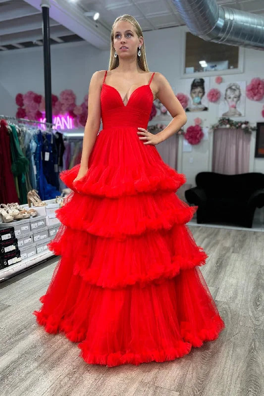 winter dressRed A-line Ruffle Layers Plunging V Neck Straps Long Prom Dress