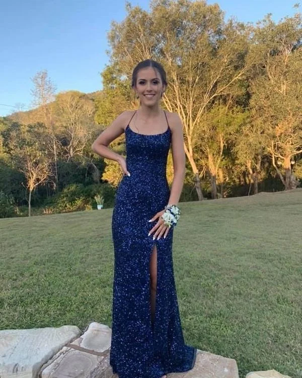 chic dressNavy blue sequin cross back prom dresses