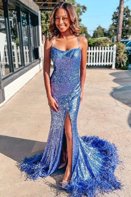 long sleeve dressBlue Sequin Feather Lace-Up Back Mermaid Long Prom Dress with Slit