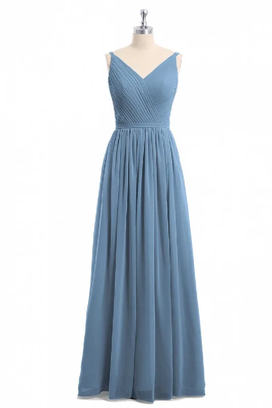 elegant shift dressSimple Dusty Blue V-Neck Backless A-Line Long Bridesmaid Dress