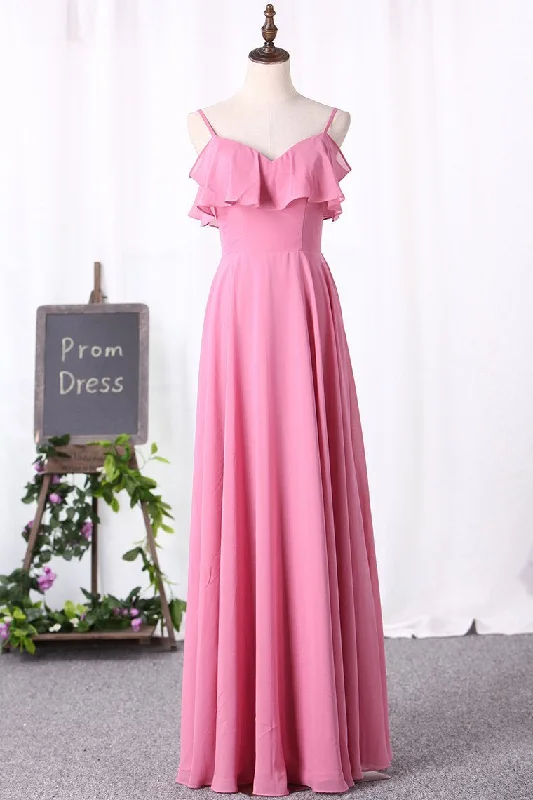 fitted bodycon dressPink Chiffon Straps Ruffled A-Line Long Bridesmaid Dress