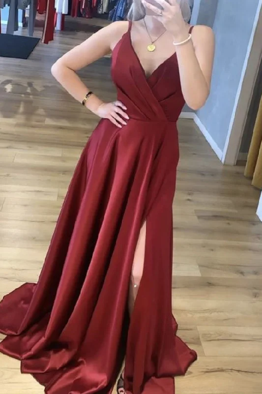 modern dressElegant Straps A-Line Burgundy Long Prom Dress with Slit