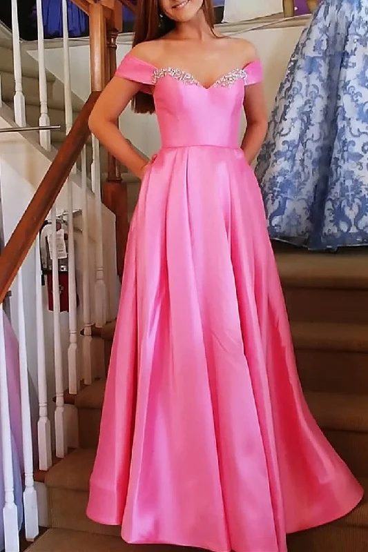 casual dressElegant Pink Beaded Off the Shoulder Prom Dress