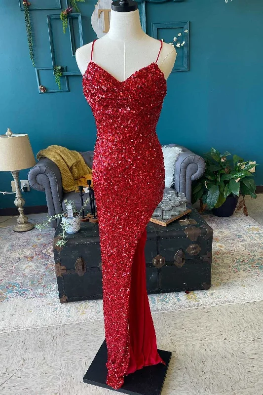 textured dressRed Sequin Cowl Neck Lace-Up Back High-Low Prom Dress