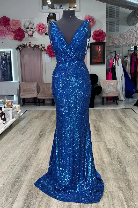 floral dressRoyal Blue Plunging V Neck Sequins Mermaid Long Prom Dress