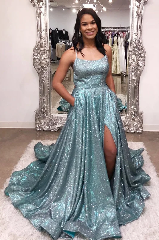 fitted cocktail dressSparkly Straps A-Line Long Prom Dress with Pockets