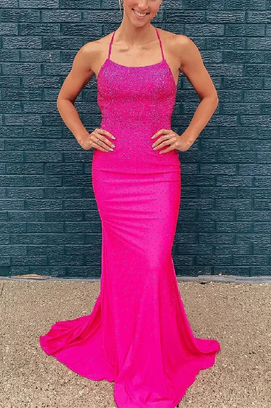 spaghetti strap dressNeon Pink Beaded Mermaid Long Prom Dress