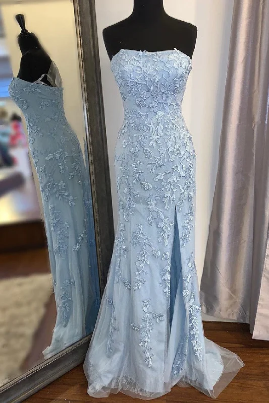 comfy dressStrapless Light Blue Lace Long Prom Dress with Slit